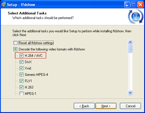 ffdshow: Select Additional Tasks
